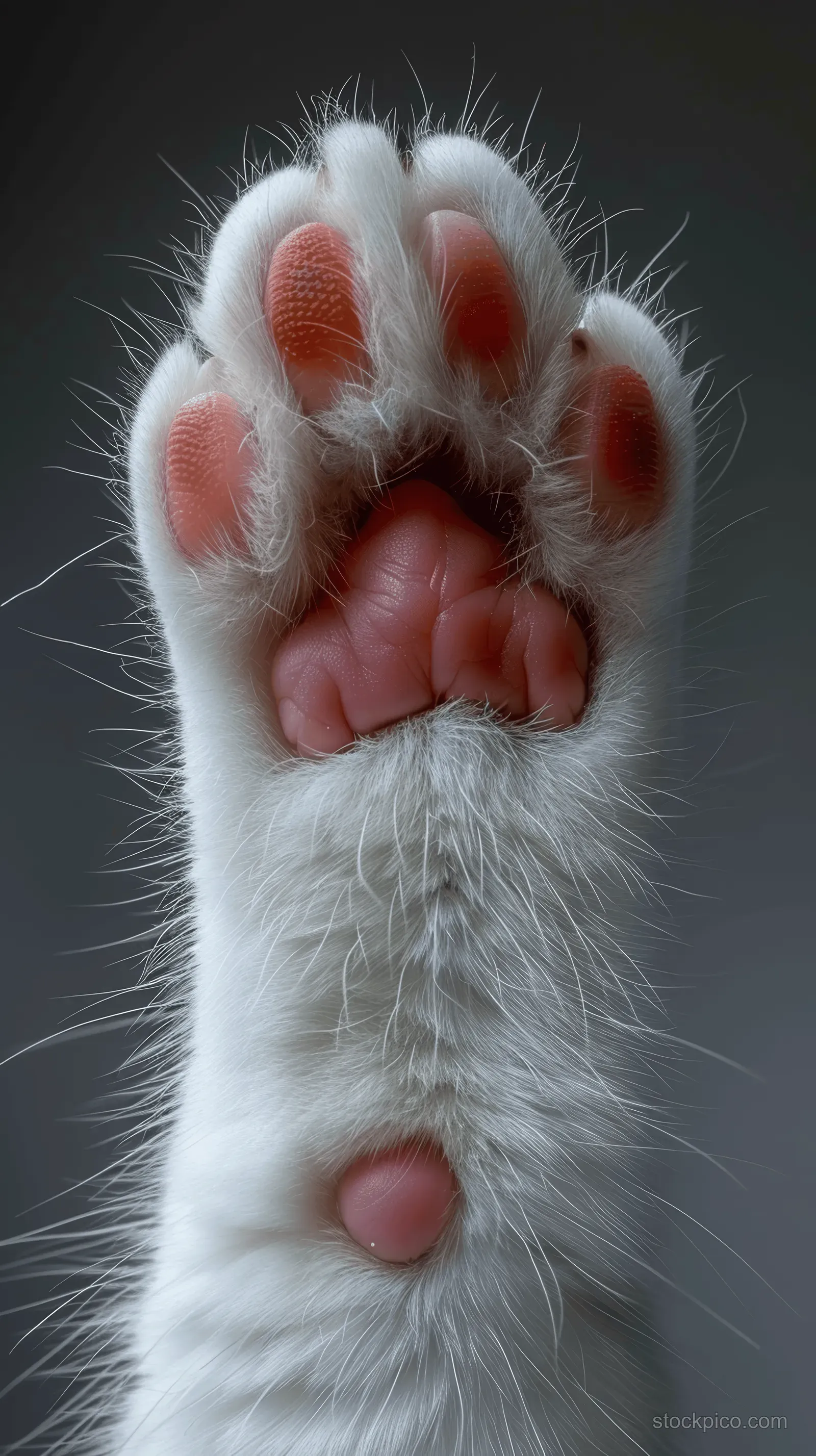 White cat paw close-up showing pink pads and spread toes against a dark background.