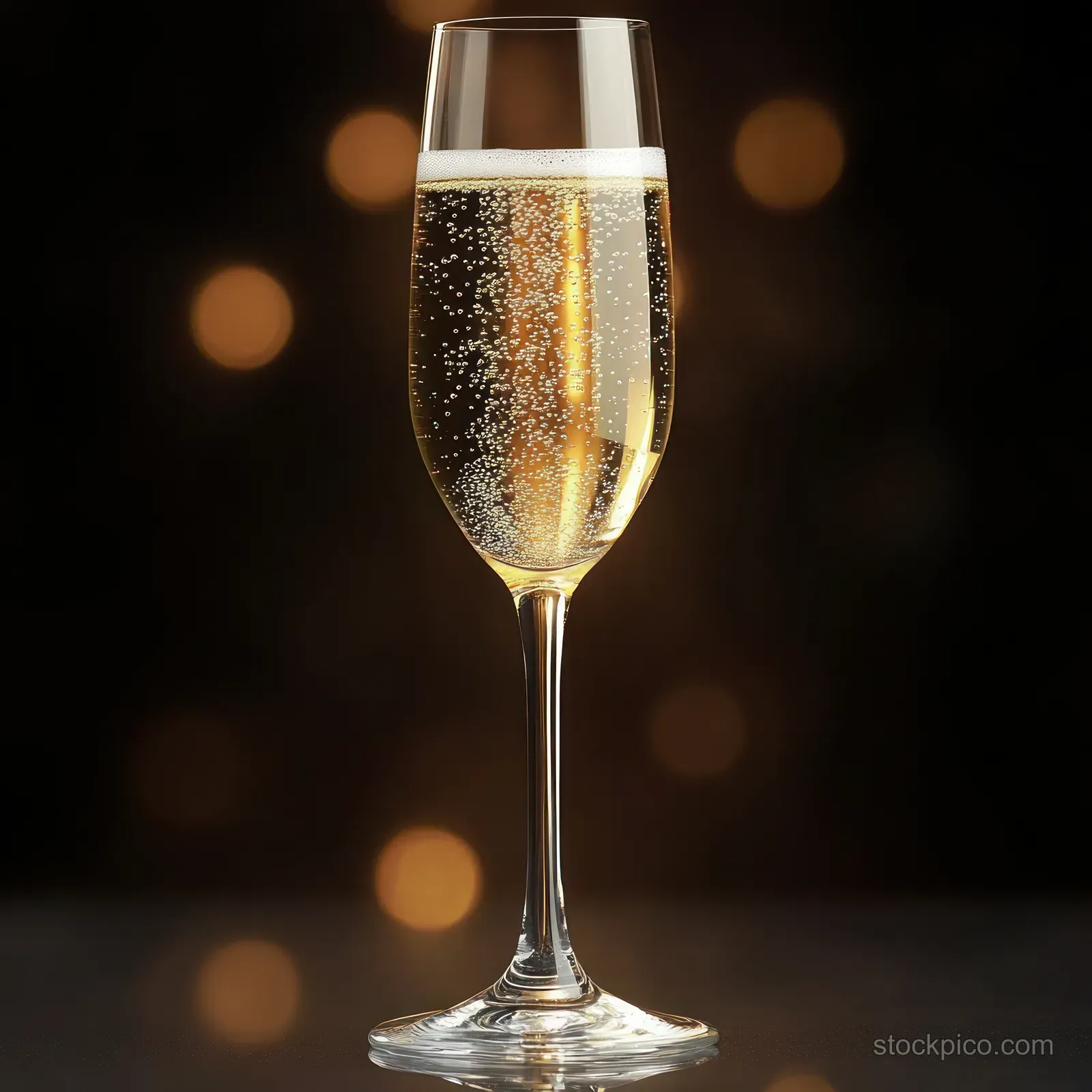 Close-up of a champagne flute filled with golden bubbles, set against a dark background with warm festive bokeh lights.
