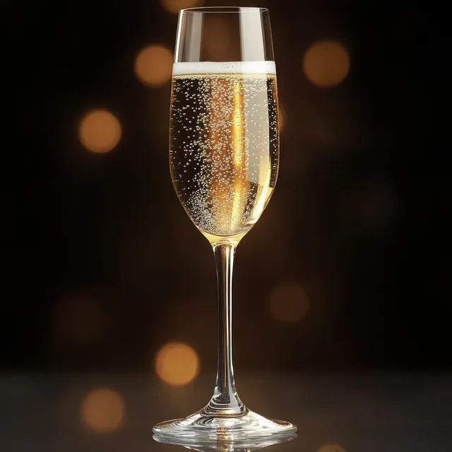 Close-up of a champagne flute filled with golden bubbles, set against a dark background with warm festive bokeh lights.