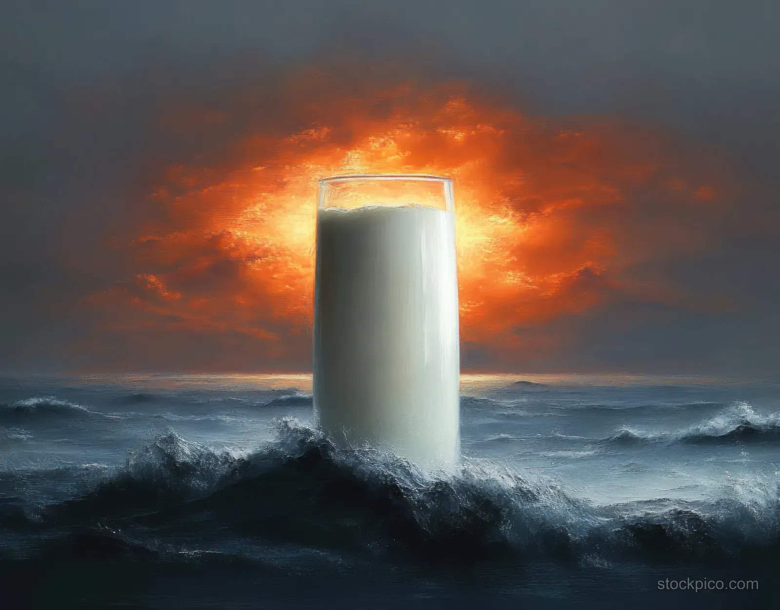 Tall glass of milk on churning ocean waves with an intense orange sunset sky in the background.