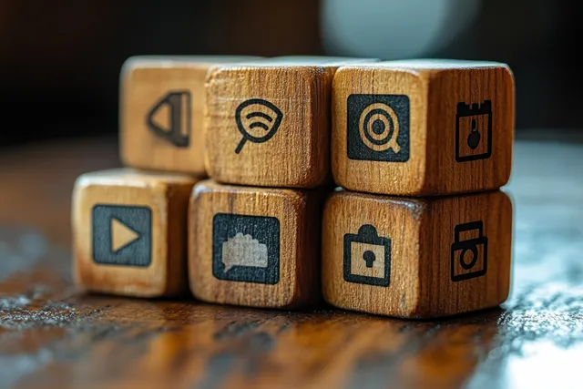 Wooden block icons representing contact details such as email, phone, address, and call support for business websites.