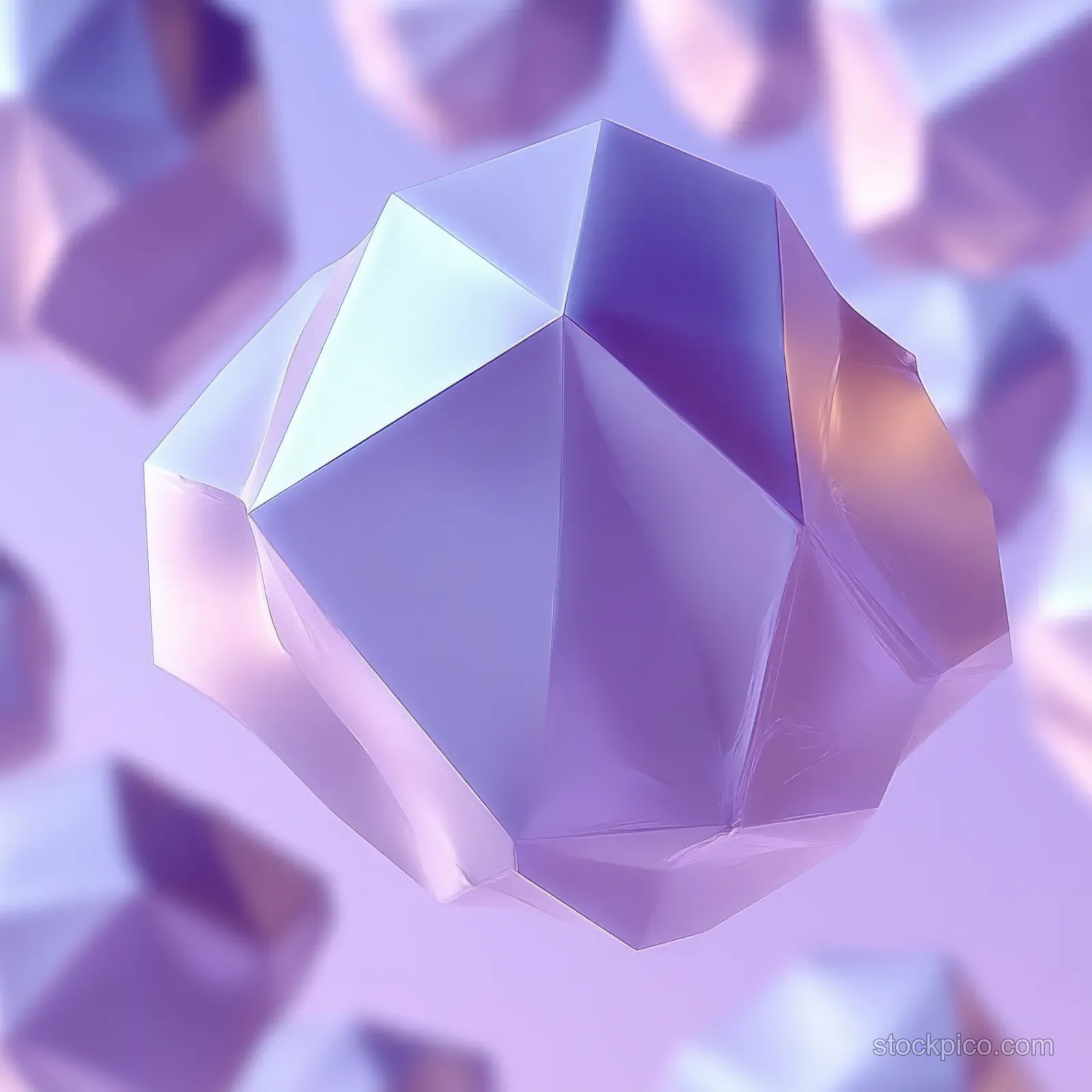 Translucent faceted crystals floating against a soft purple and pink background.