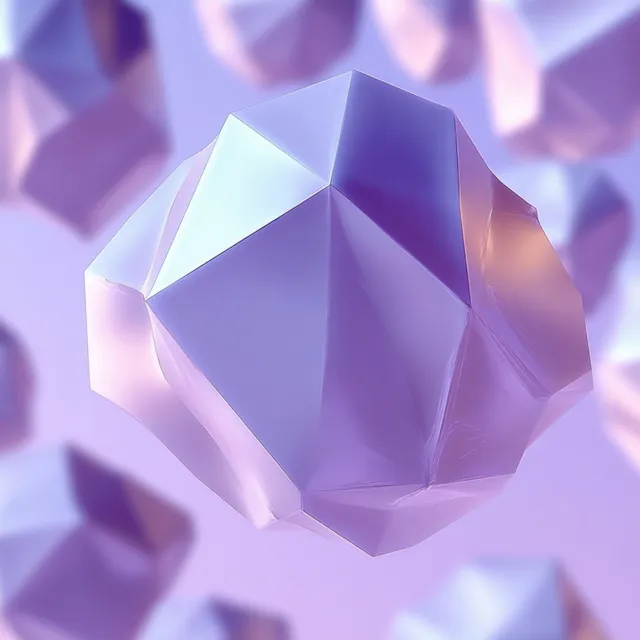 Floating translucent geometric crystals in soft purple and pink light