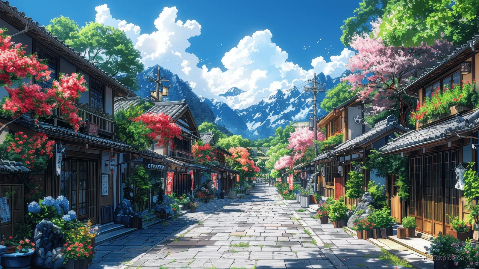 Sunlit old Japanese town street with stone path, lanterns, blooming trees, and distant mountains.