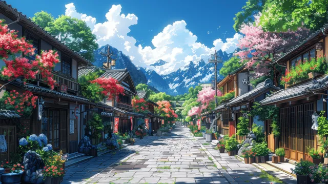 Sunlit old Japanese town street with stone path, lanterns, blooming trees, and distant mountains.