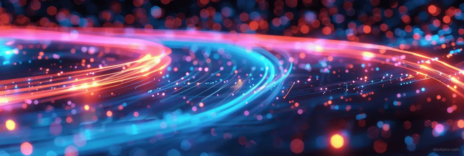 Glowing data cables arc through a dark abstract network hub with colorful light trails.