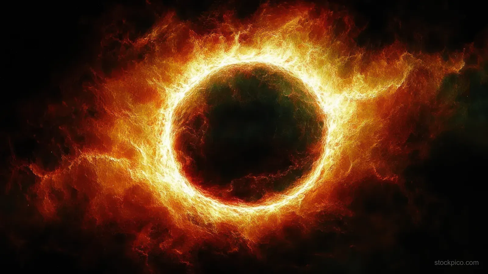 A blazing fiery ring surrounds a dark circular core against a deep space background.