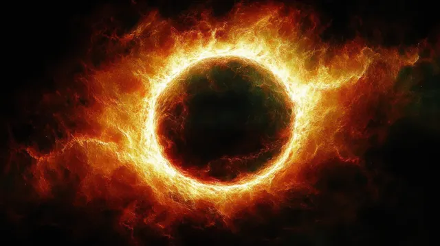 A blazing fiery ring surrounds a dark circular core against a deep space background.