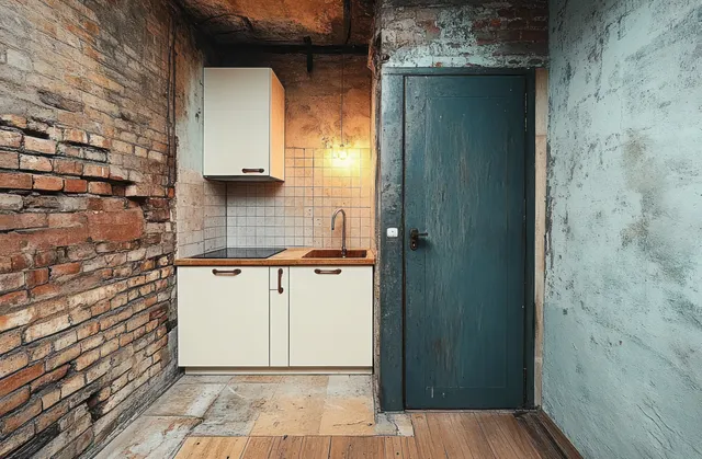 Small rustic kitchen corner with white cabinets, brick walls, a blue door, and a warm light bulb overhead.