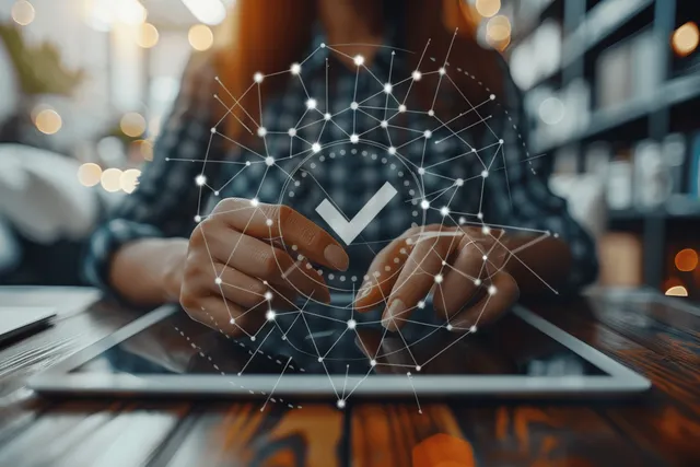 Una persona sostiene una tableta que muestra una validación con marca de verificación digital y una superposición de red brillante.