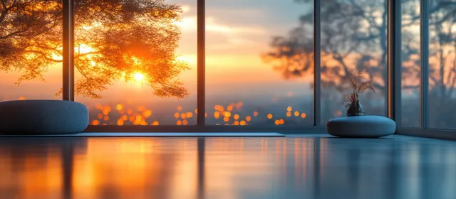 Minimalist office lounge with two chairs facing large glass windows as sunset bokeh glows across the reflective floor.