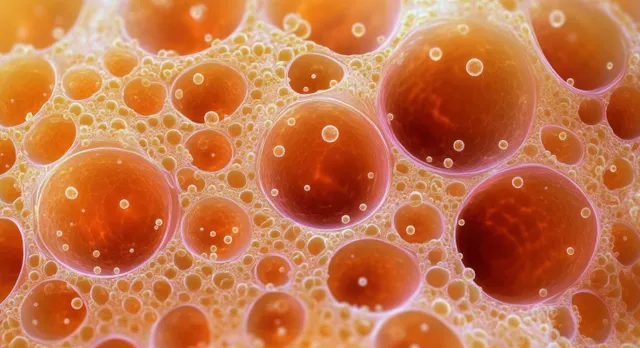Orange translucent bubbles tightly clustered with glowing outlines and small reflections on a blurred background.
