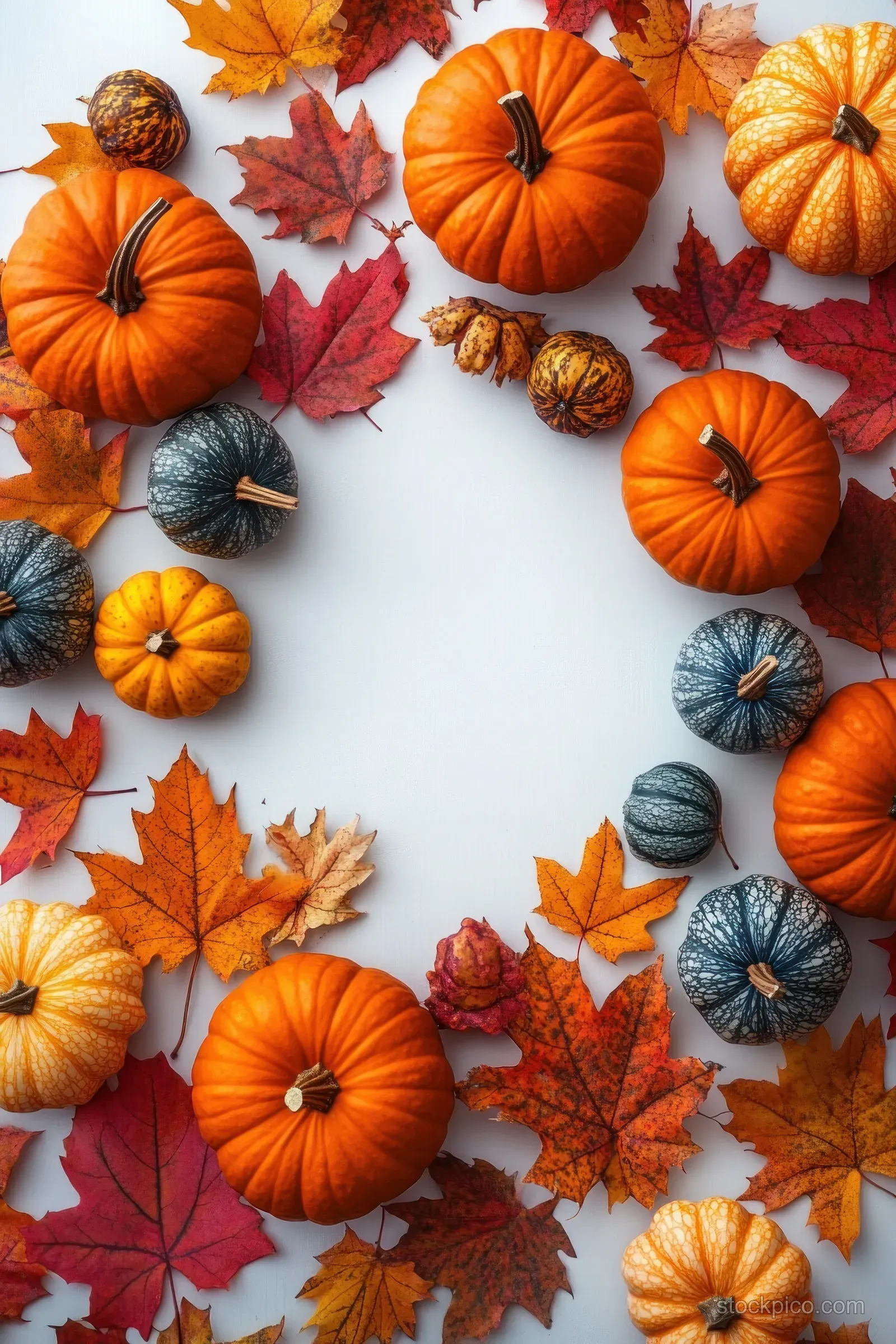 Small pumpkins and colorful fall leaves arranged in a circular wreath on a light background.