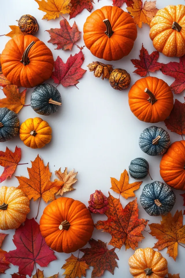 Small pumpkins and colorful fall leaves arranged in a circular wreath on a light background.