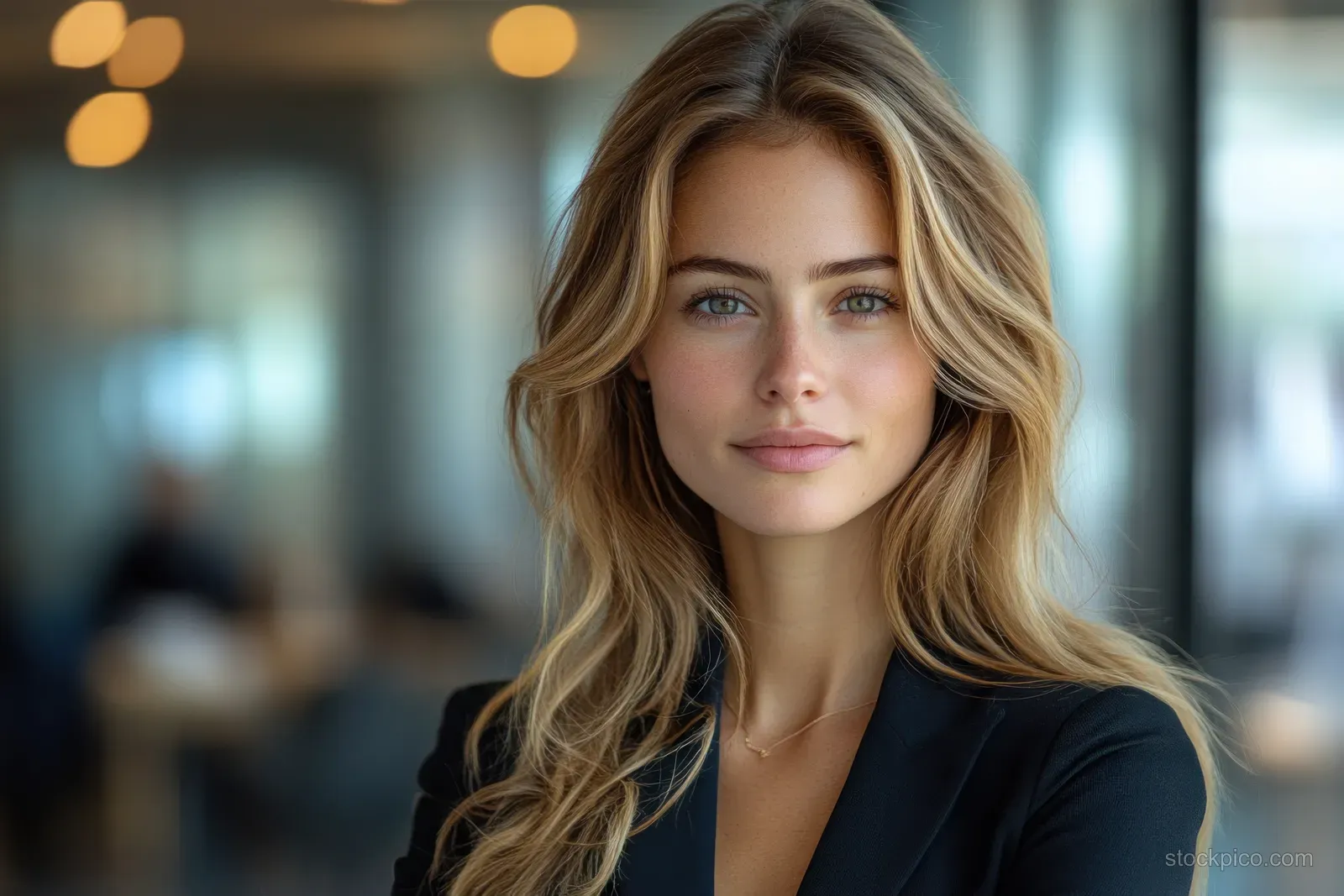 Confident businesswoman with long blonde hair posing in a modern office with a blurred background.