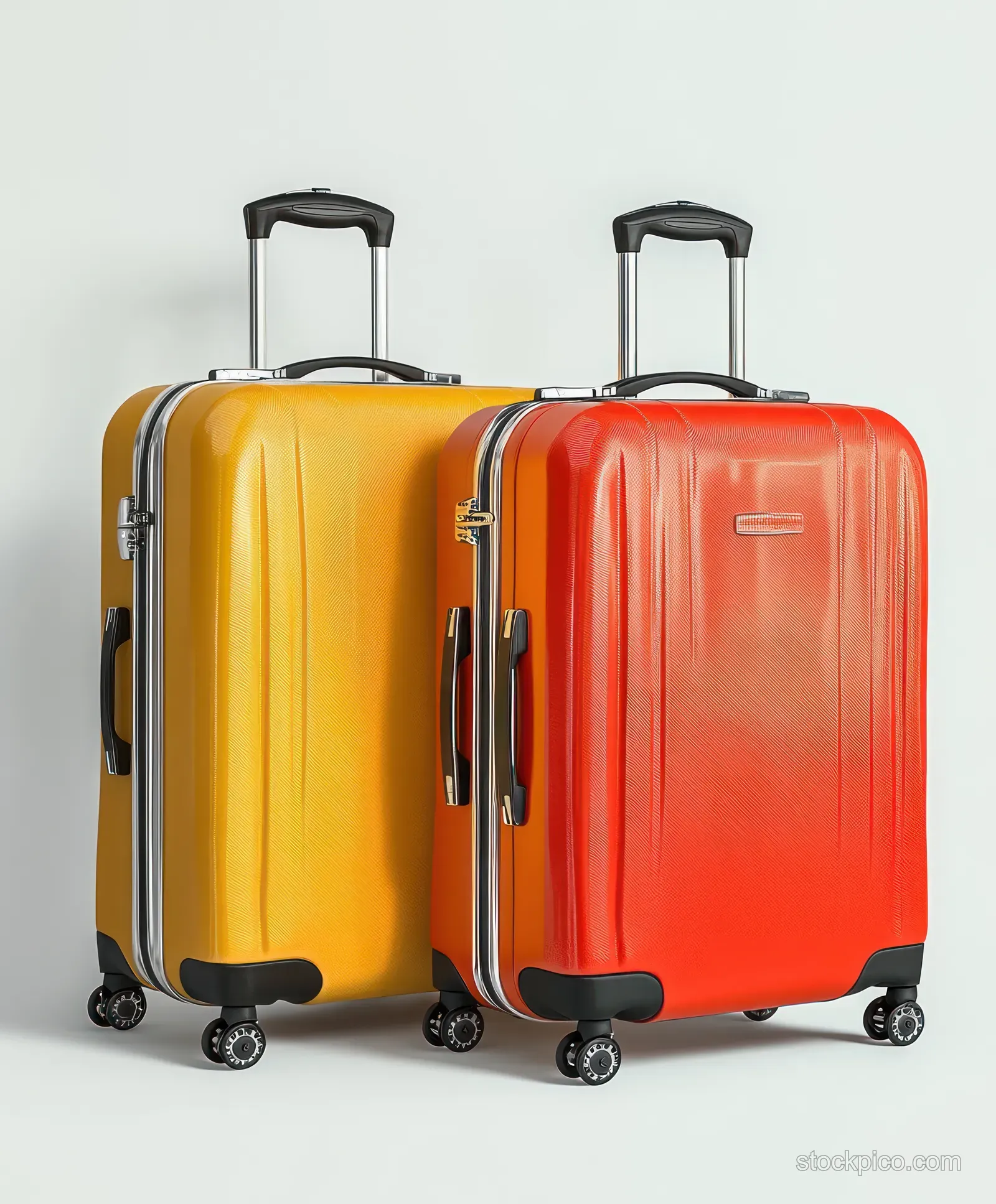 Two modern hard-shell suitcases in bright yellow and orange-red are displayed side by side on a white background.