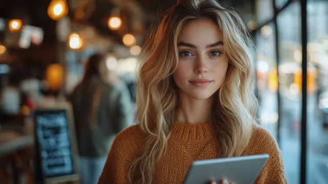 Mature businesswoman smiling while holding a digital tablet in a bright office