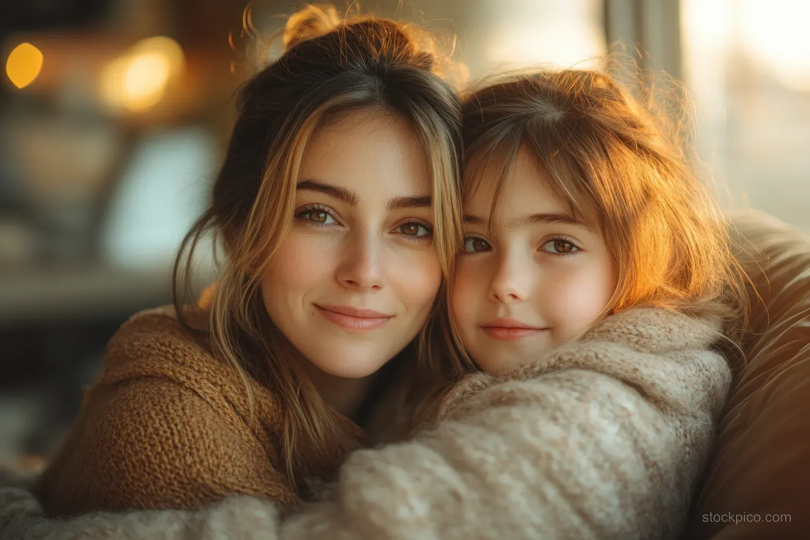 Mother and daughter cuddle together on a sofa in a warm, cozy living room.
