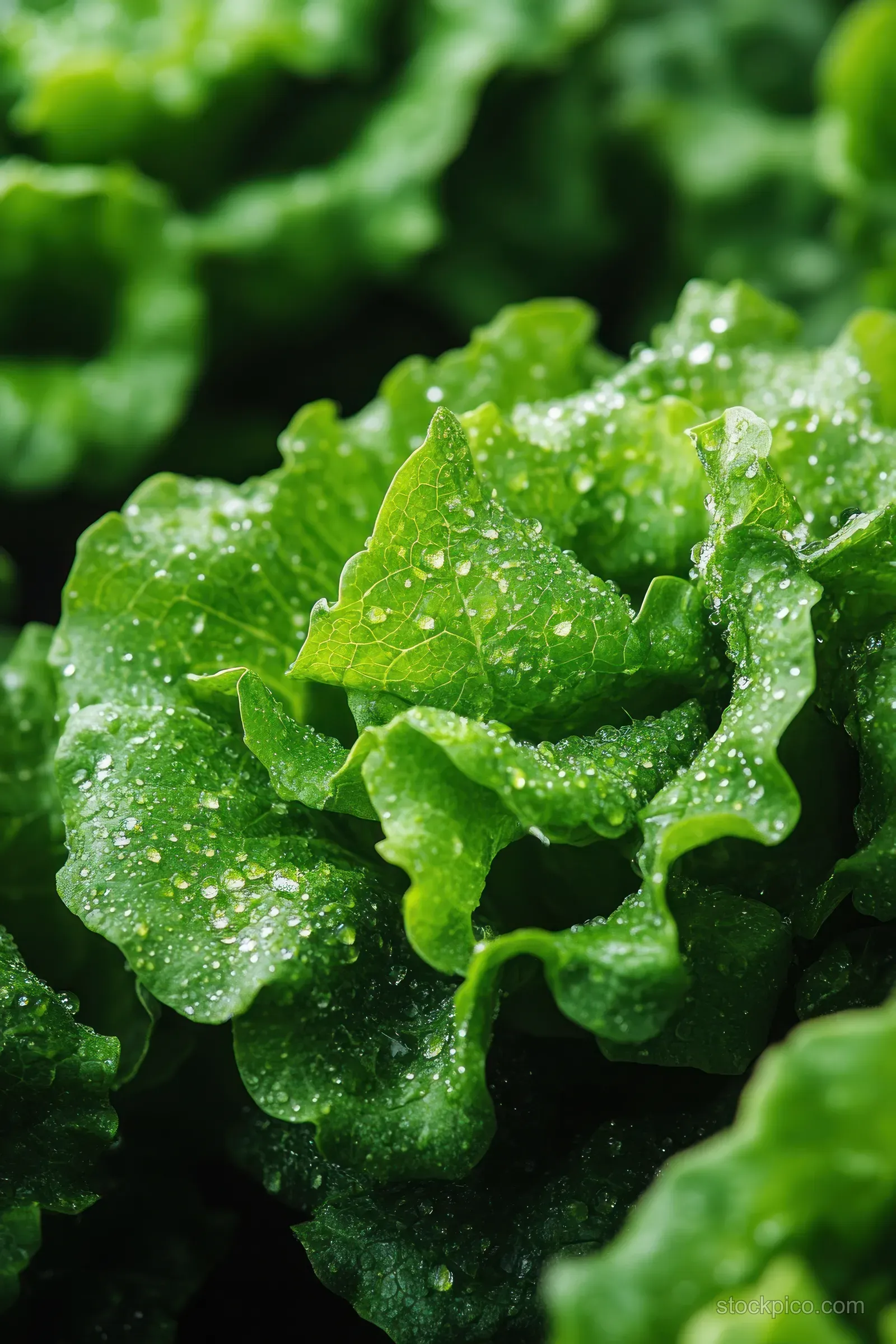 Macro closeup of fresh green lettuce leaves with dew droplets on a textured green background.