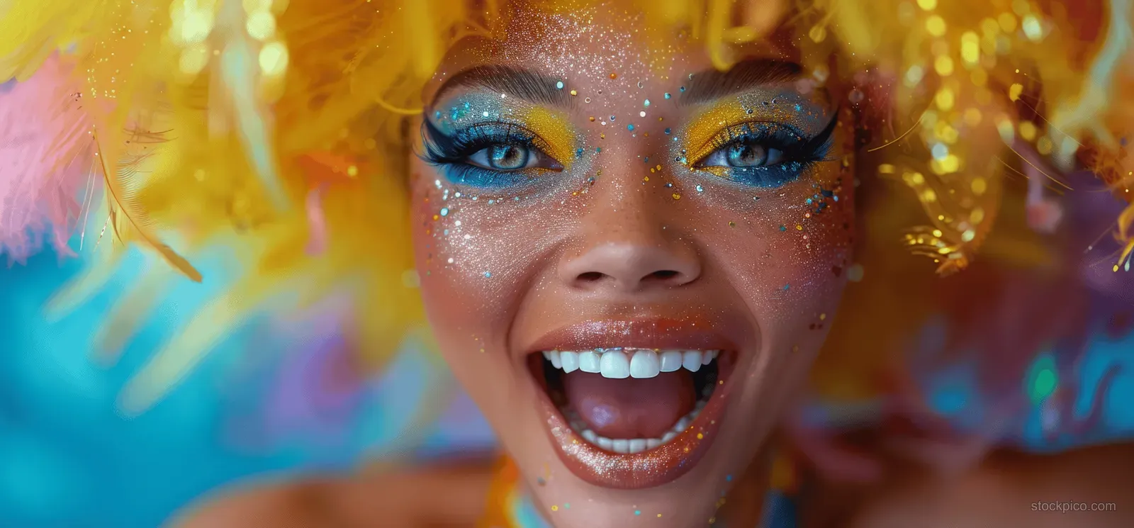 A smiling drag queen with a yellow wig and glitter makeup stands in front of a rainbow colored background.