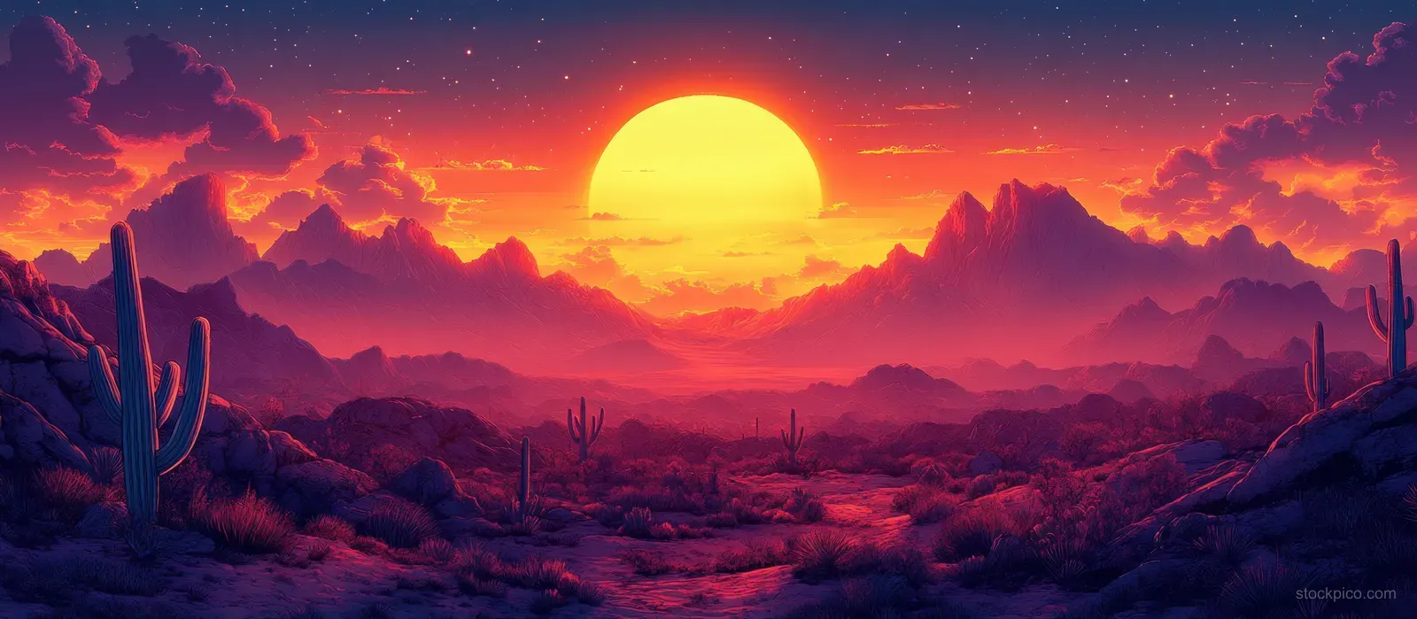 Silhouetted cacti and desert valley stretch toward glowing orange mountains under a dramatic sunset sky.