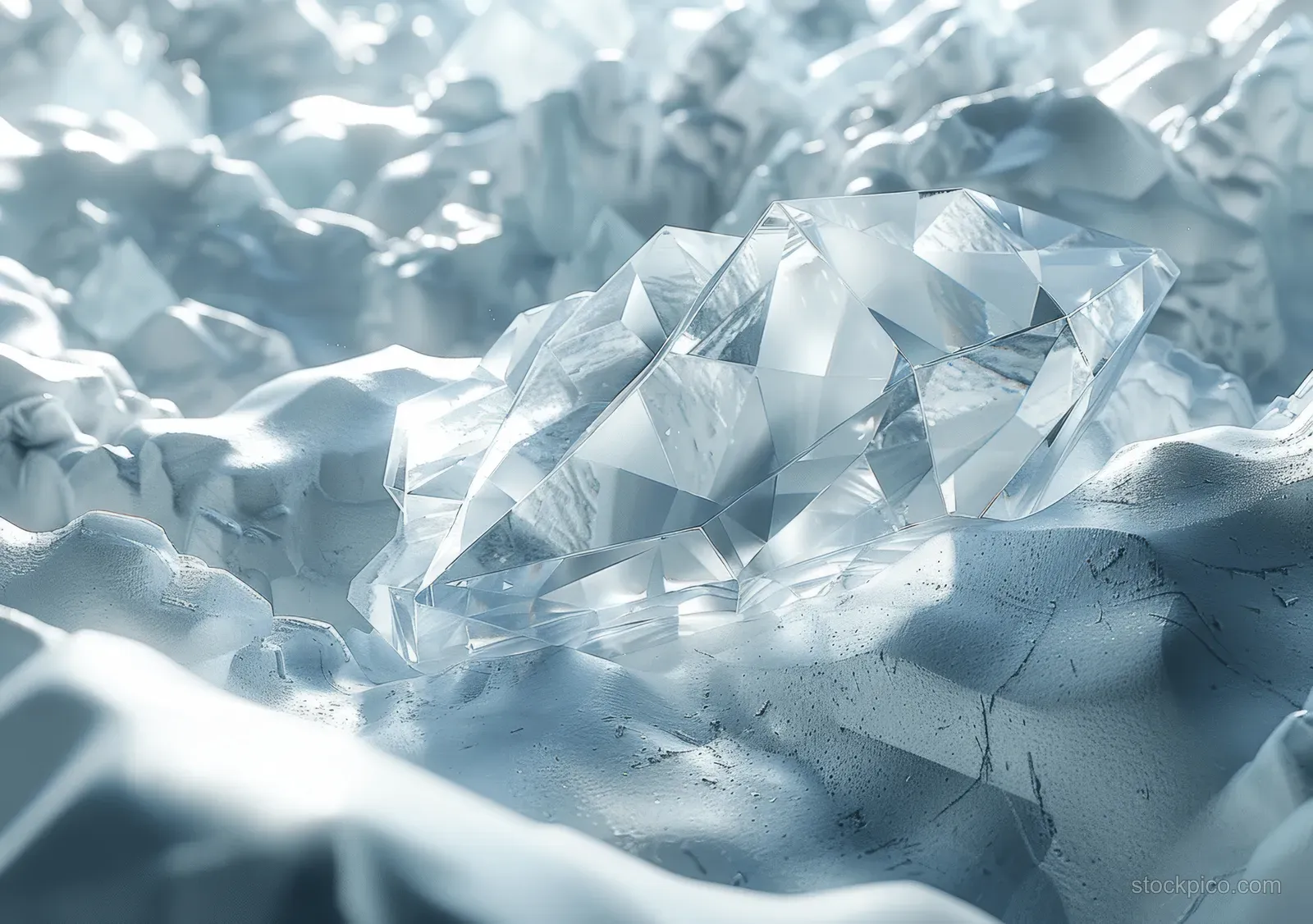 Faceted white crystal texture with soft light and shadows.