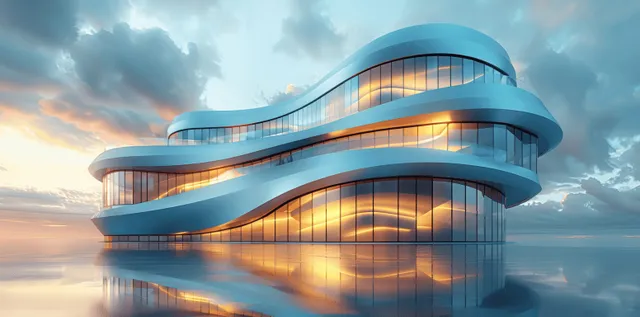 Futuristic curved glass skyscraper at dusk, glowing office floors with reflective steel facade