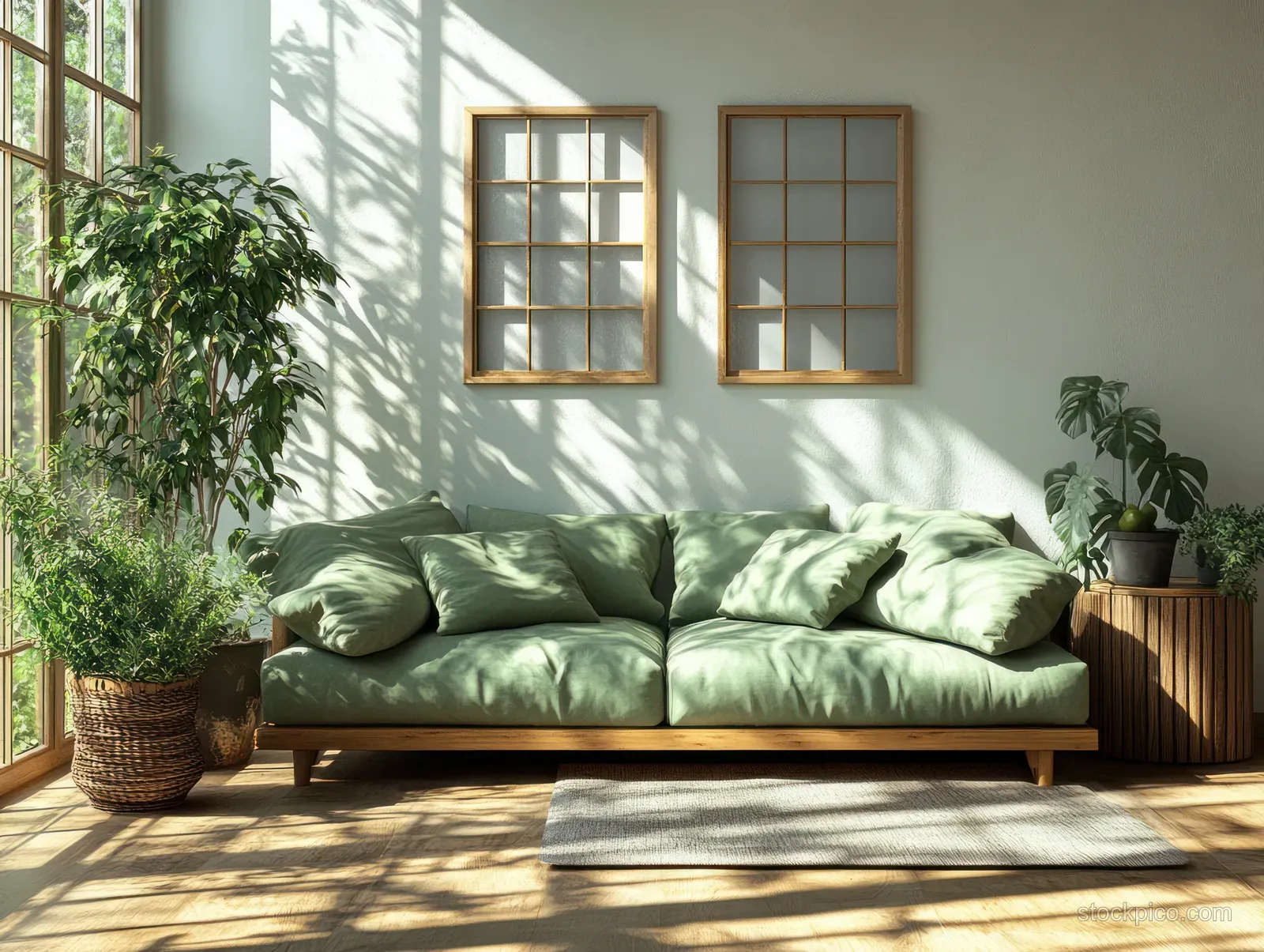 Green velvet sofa centered beneath two empty frames on a white wall with potted plants, wooden table, and sunlit shadows.