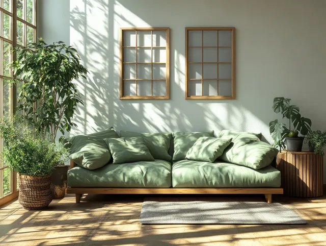Green velvet sofa centered beneath two empty frames on a white wall with potted plants, wooden table, and sunlit shadows.