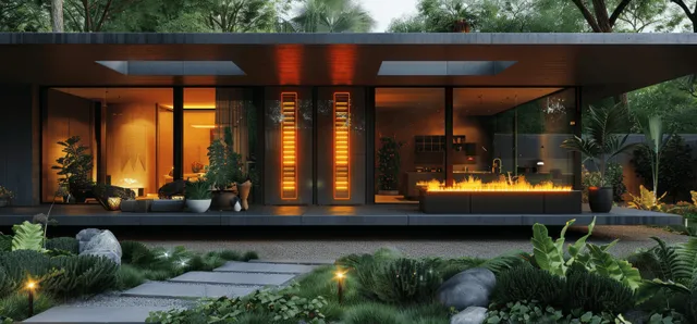 Illuminated home battery energy storage units connected to a residential wall in a dusk garden.