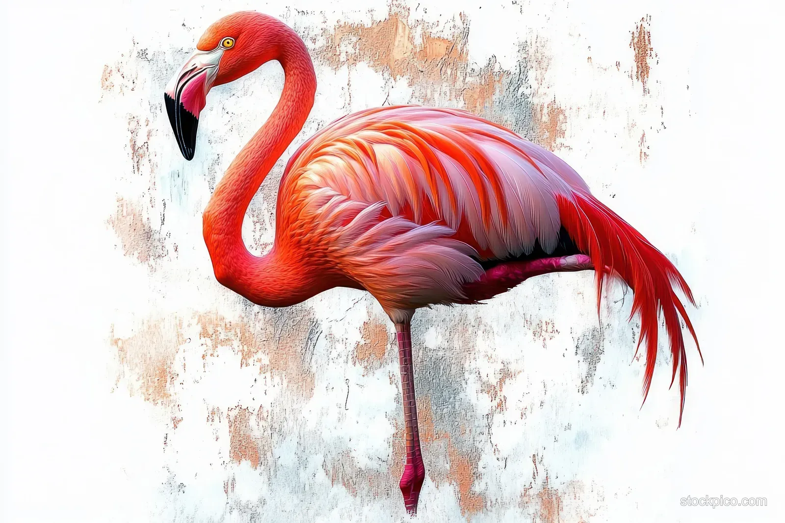 A close-up flamingo standing on one leg against a textured white and brown background.