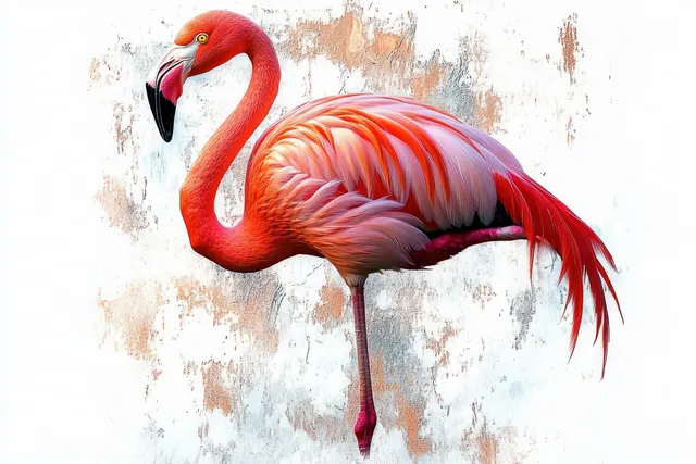 A close-up flamingo standing on one leg against a textured white and brown background.