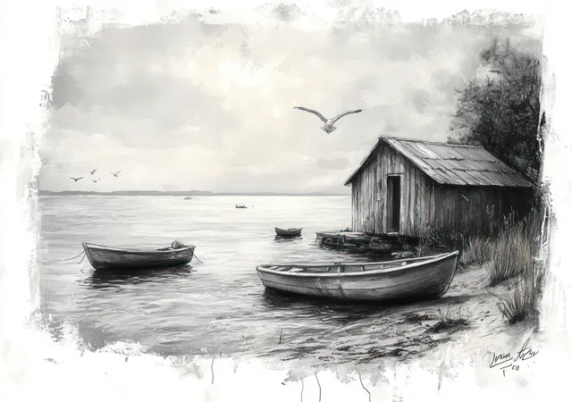 A seagull flies above a wooden cabin as small fishing boats rest along a calm shoreline in a monochrome sketch.