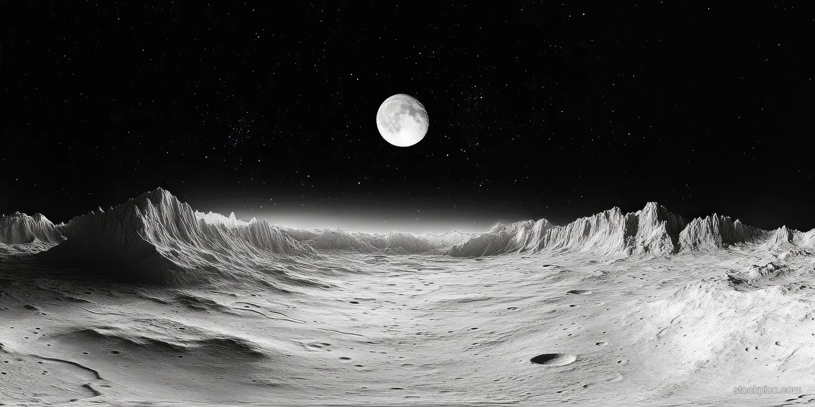 White alien mountains and rocky ground stretch across a panoramic night sky with a bright moon and scattered stars.