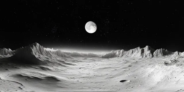 White alien mountains and rocky ground stretch across a panoramic night sky with a bright moon and scattered stars.