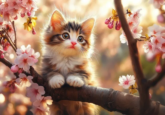 Fluffy kitten sits on a cherry blossom branch with wide curious eyes amid pink blooms.