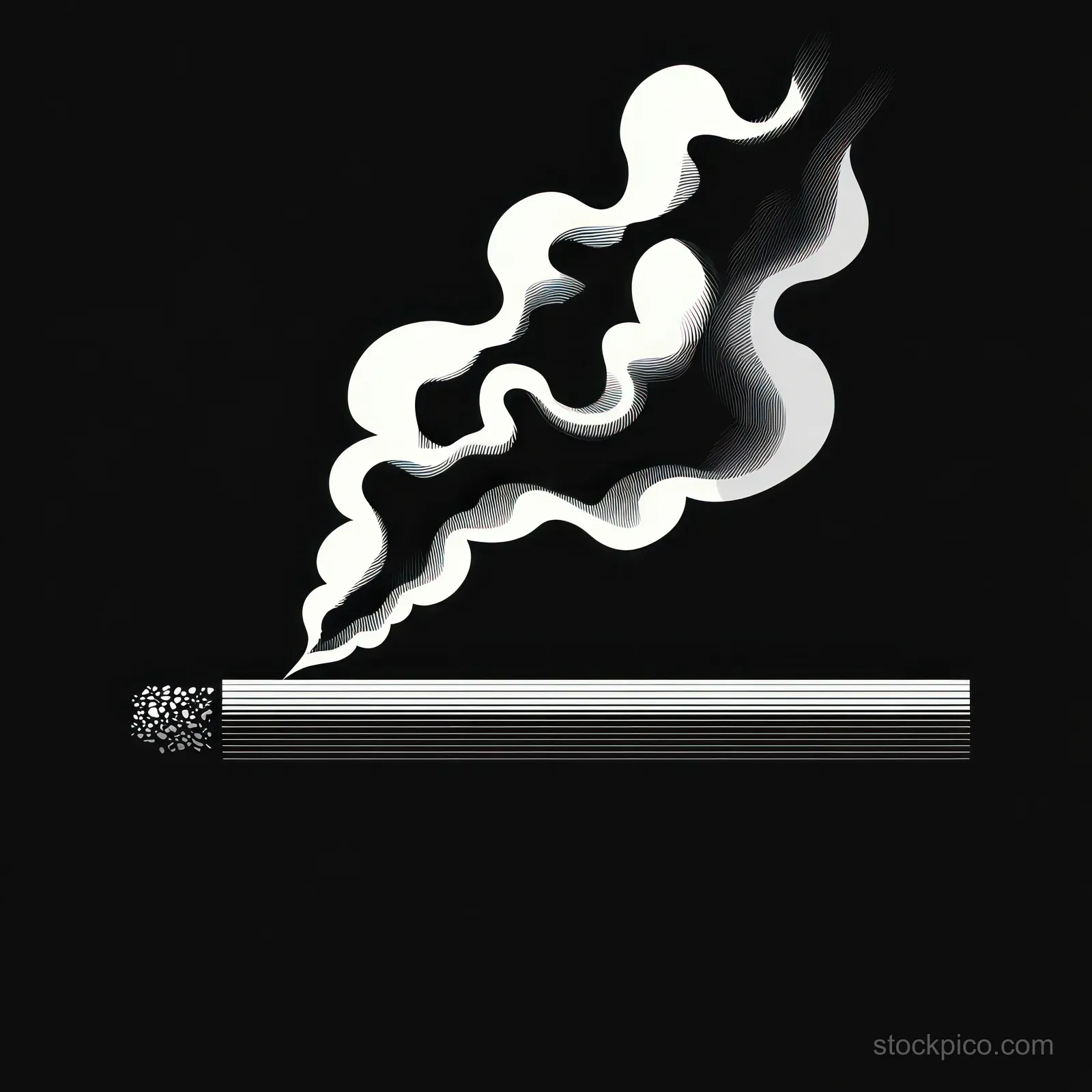 Monochrome illustration of a lit cigarette emitting swirling smoke above a cigarette pack on a black background.