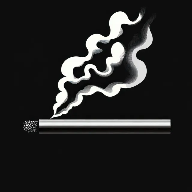 Monochrome illustration of a lit cigarette emitting swirling smoke above a cigarette pack on a black background.