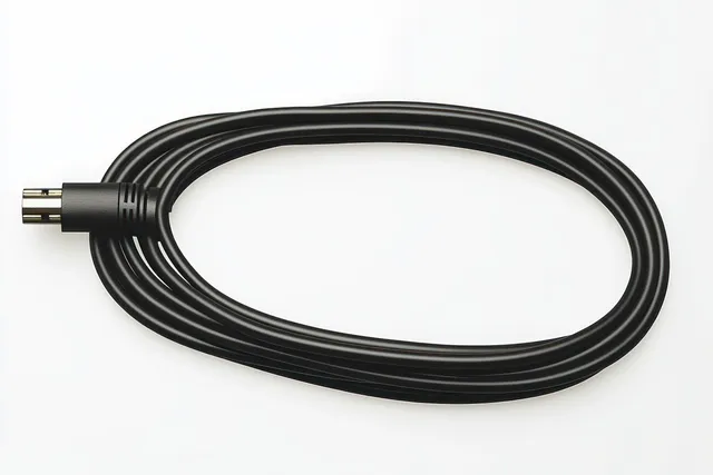 Coiled black cable with a round multi-pin connector lying on a white background.