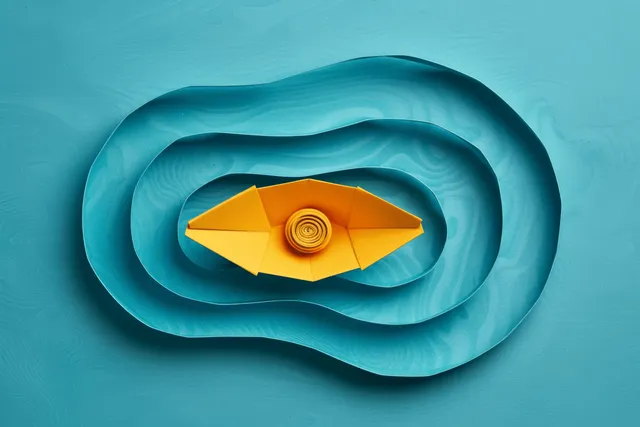 A yellow paper boat sails along a winding blue labyrinth on a solid blue background.