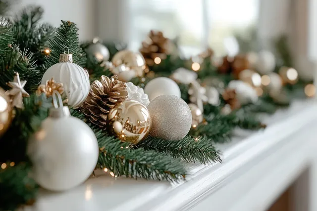 White and gold Christmas garland with pine branches on a Scandinavian mantel
