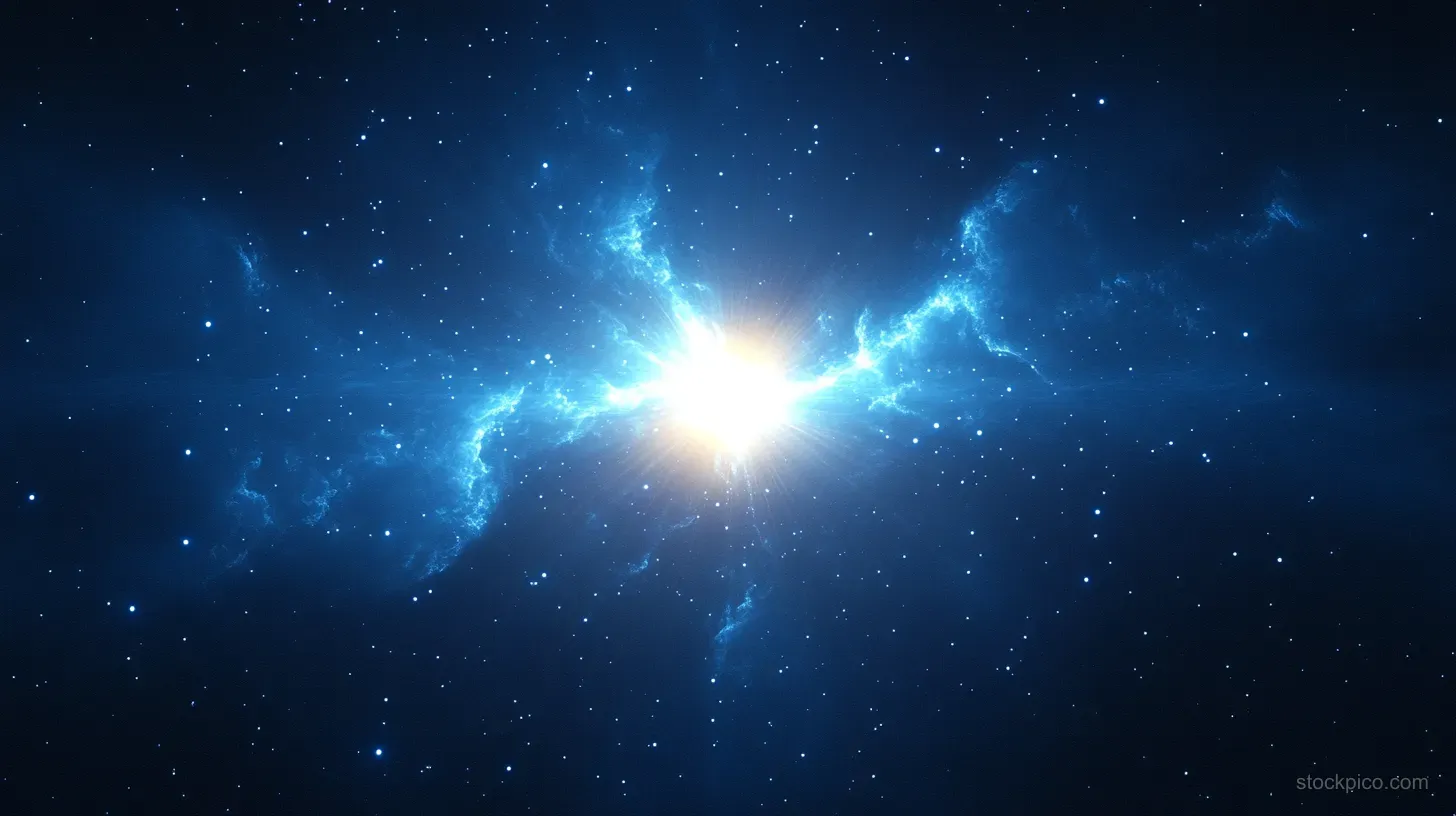 A radiant blue starburst glows within swirling cosmic clouds and scattered twinkling stars in deep space.
