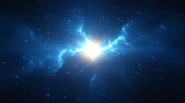 Luminous blue starburst glowing amid cosmic clouds and scattered twinkling stars in deep space