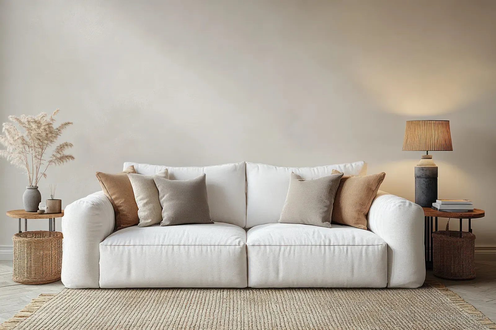 White sofa with beige textured cushions sits in a minimalist living room under warm lamp light beside wooden side tables.