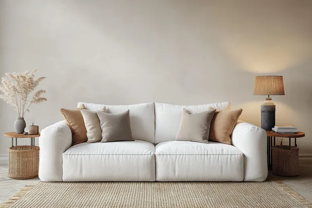 White sofa with beige textured cushions sits in a minimalist living room under warm lamp light beside wooden side tables.