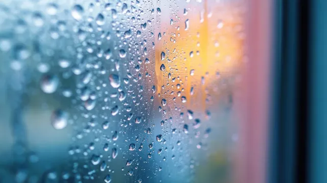 Condensation droplets bead on a double-glazed window during winter, showing failed seal pattern
