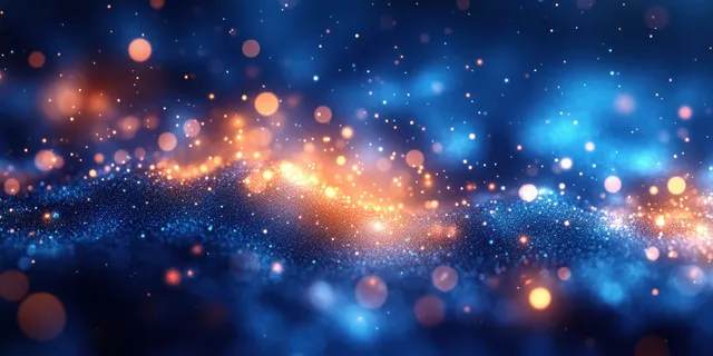 Dreamy blue night sky background with glowing bokeh lights and soft golden sparkle haze