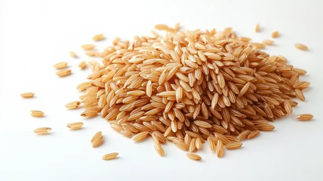 Pile of uncooked brown rice grains scattered on a white surface with Bowl Less Ingredient
