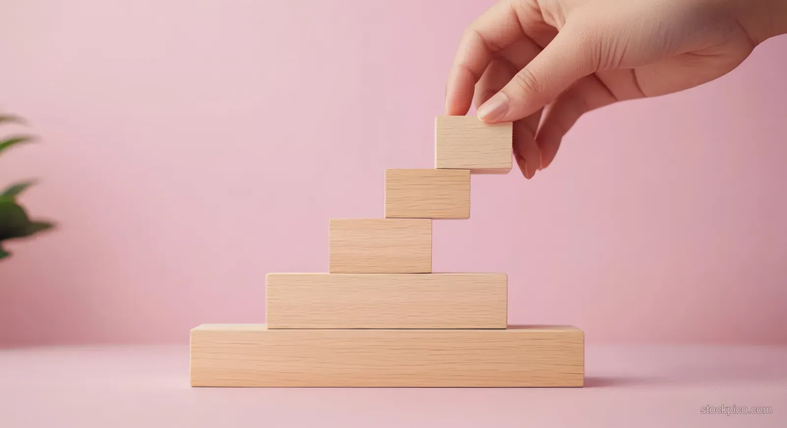 A hand stacks wooden blocks into an ascending staircase on a flat surface against a pink background.