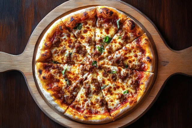 Eight slices of cheese pizza with basil sit on a wooden pizza paddle over a dark wooden table.